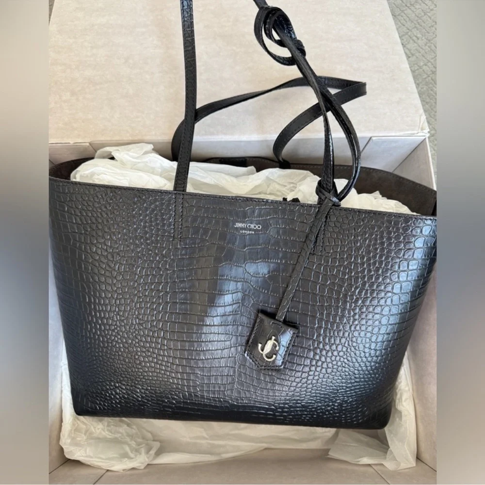 Jimmy Choo Black Croc-Embossed Leather Large Tote with Charm - Picture 5 of 12